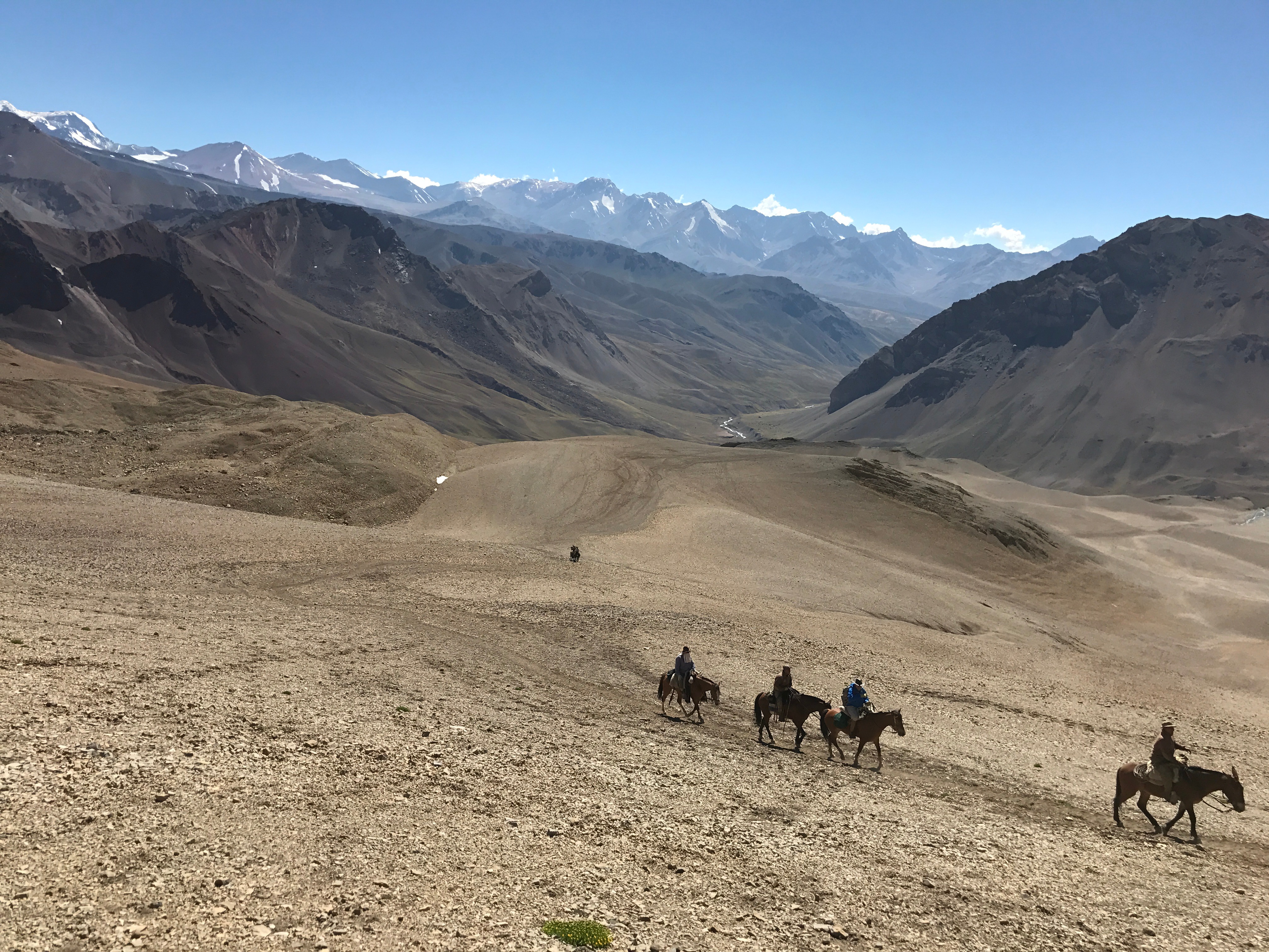Grupo de expedicionarios cruzando el paisaje árido de la cordillera